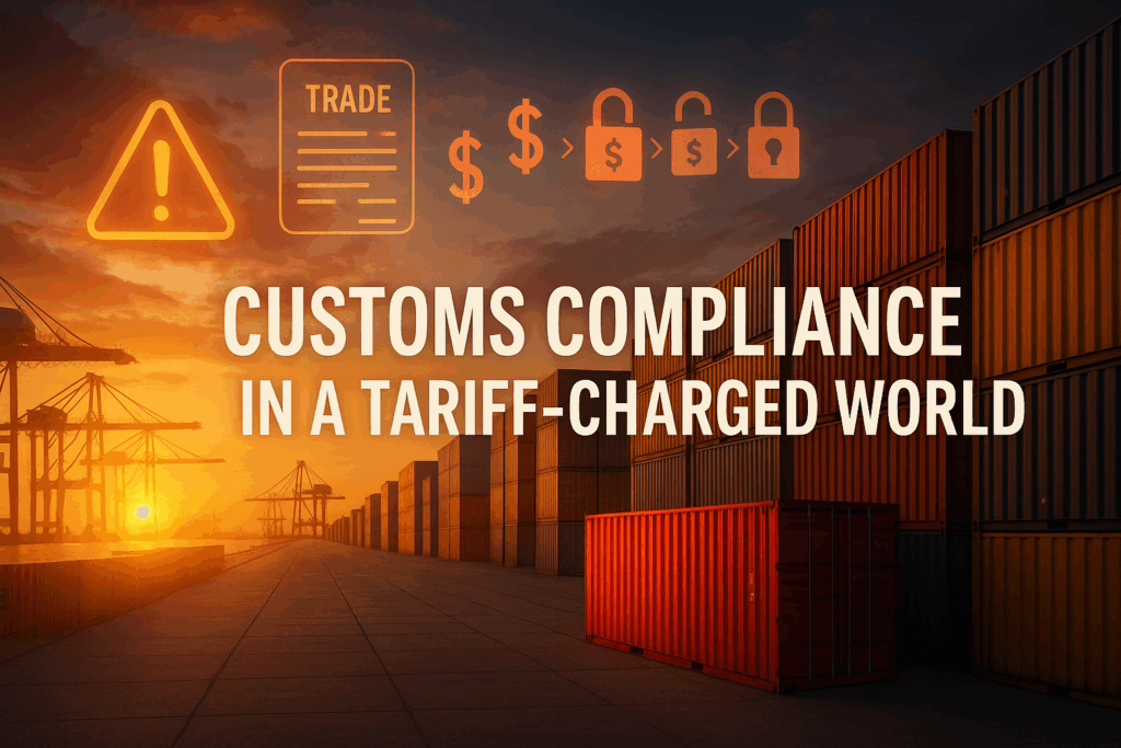 Shipping port at sunset with stacked cargo containers and trade icons, featuring the text: 'Customs Compliance in a Tariff-Charged World.