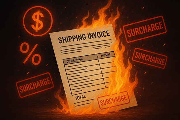 Digital illustration of a burning shipping invoice surrounded by surcharge warnings and dollar signs, symbolizing rising freight costs and tariff pressure.