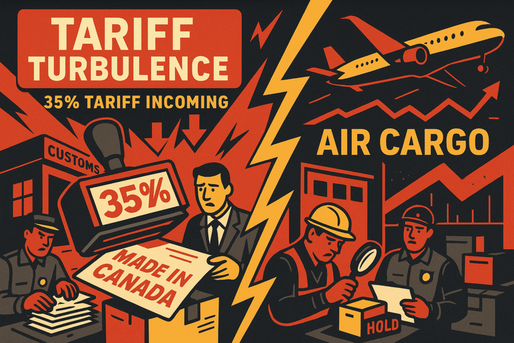A bold split-screen illustration shows "Tariff Turbulence" with a customs officer stamping "35%" on Canadian goods, and "Air Cargo" with a plane over a falling graph as workers inspect parcels marked "HOLD"—all in urgent red, yellow, and black tones.