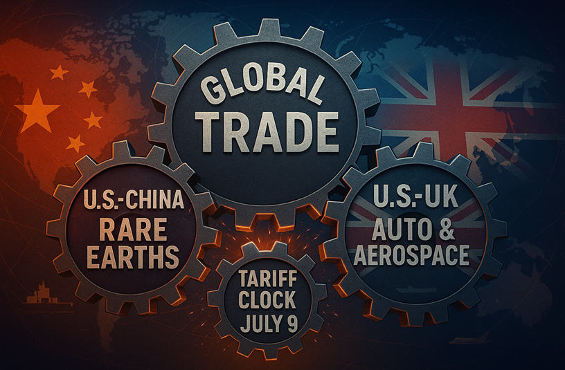 Digital illustration showing U.S.–China and U.S.–UK trade deals as interlocking gears, with icons for EVs, jets, and global supply routes in the background.