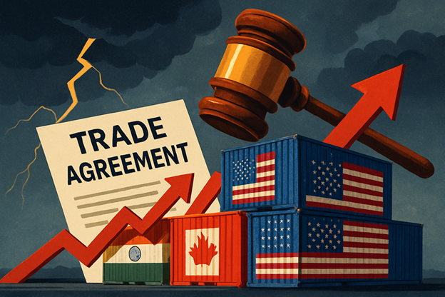 A trade agreement document, gavel, and rising arrows sit among shipping containers marked with U.S., Canada, and India flags under stormy skies.