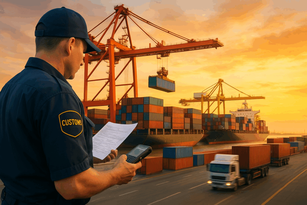 Cargo trucks move out of a port as import processes resume.