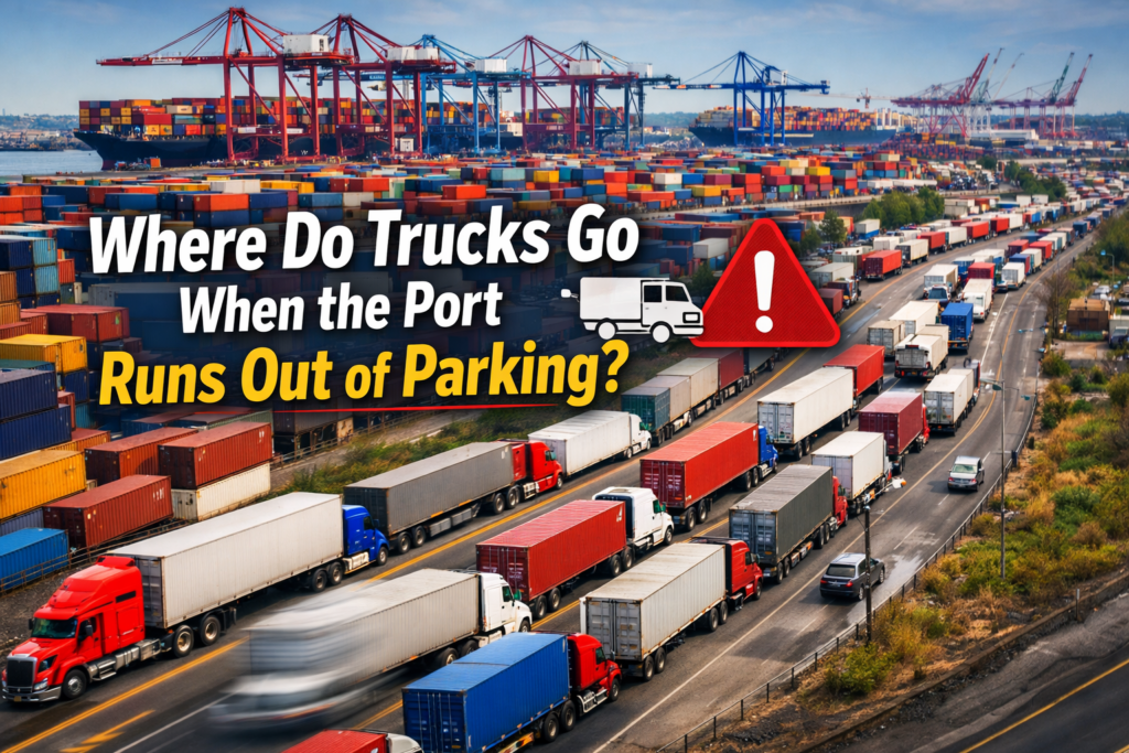Aerial view of the Port of New York and New Jersey showing dense container stacks, cargo cranes, and a long line of semi-trucks backed up along port access roads, illustrating truck congestion and parking shortages.