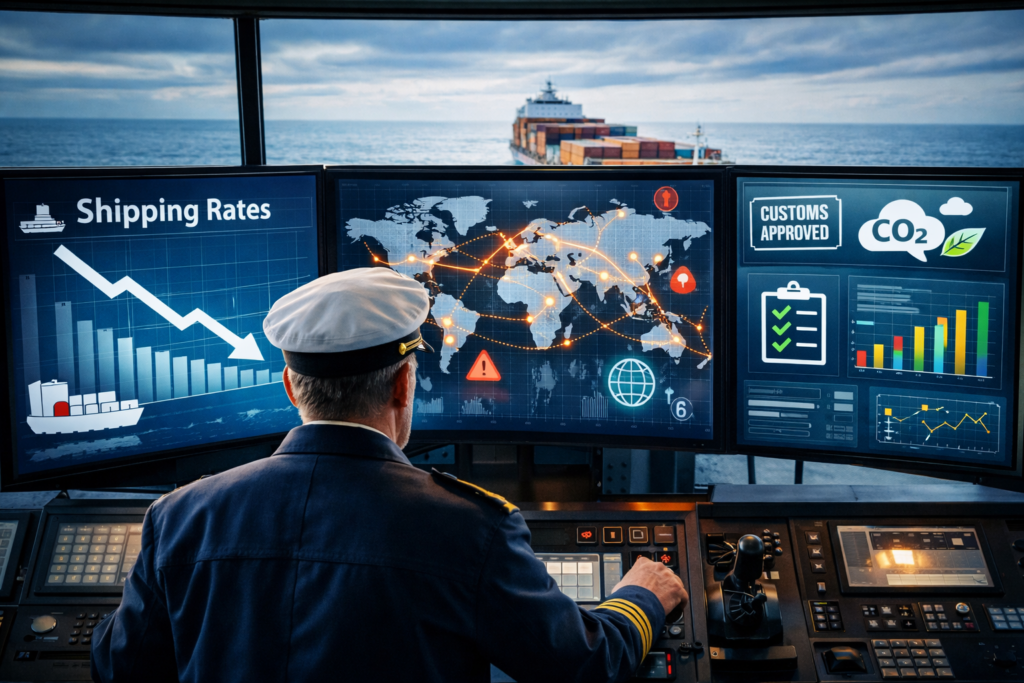 Cargo ship captain monitoring digital logistics dashboards showing declining shipping rates, global trade routes, and customs and emissions compliance while navigating international freight operations.