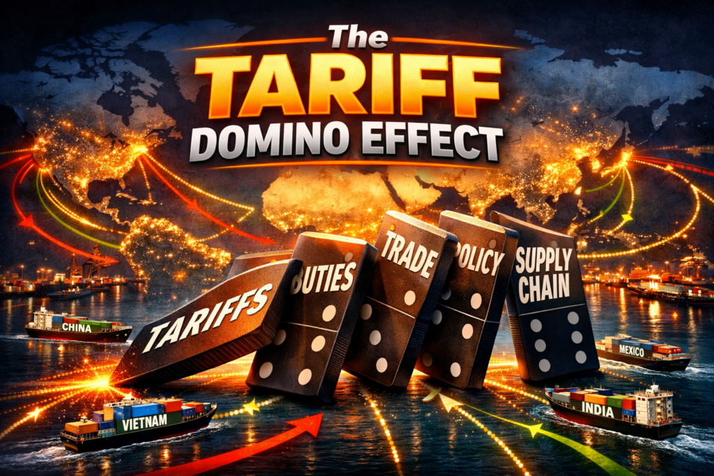 Illustration of a world map with glowing global shipping routes and cargo ships labeled China, Vietnam, Mexico, and India. In the foreground, large dominoes labeled “Tariffs,” “Duties,” “Trade Policy,” and “Supply Chain” are falling in sequence, symbolizing the cascading impact of tariff changes on global freight routes and international trade.