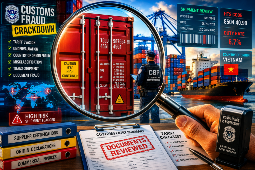 A vibrant digital illustration of a busy international shipping port shows a customs officer inspecting a cargo container through a large magnifying glass. Colorful shipping containers, a container ship, cranes, and glowing digital dashboards display customs compliance data, tariff information, shipment reviews, and fraud indicators, symbolizing increased U.S. Customs scrutiny and enforcement against import fraud.